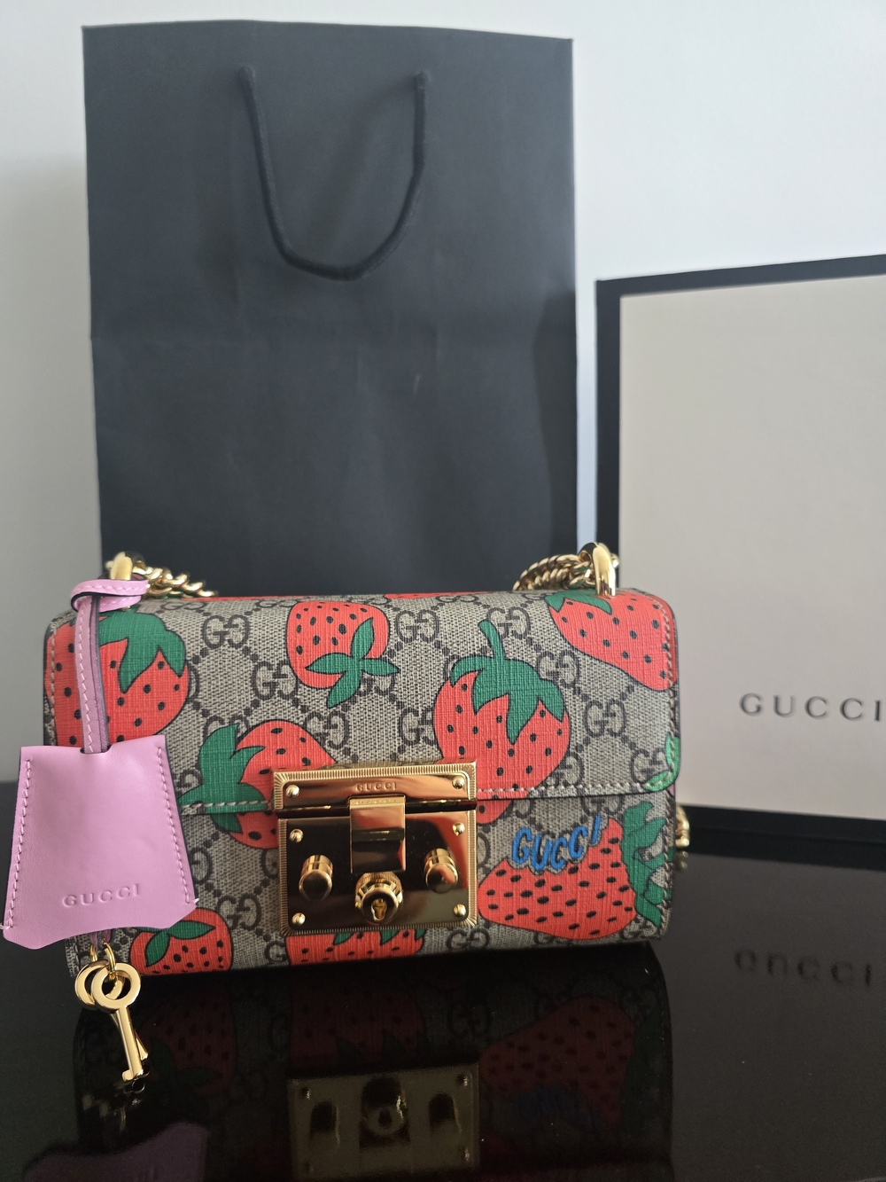 Gucci Strawberry GG Supreme Mini Shoulder Bag in Beige, Red, Green & Pink